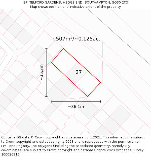 27, TELFORD GARDENS, HEDGE END, SOUTHAMPTON, SO30 2TQ: Plot and title map