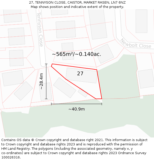 27, TENNYSON CLOSE, CAISTOR, MARKET RASEN, LN7 6NZ: Plot and title map