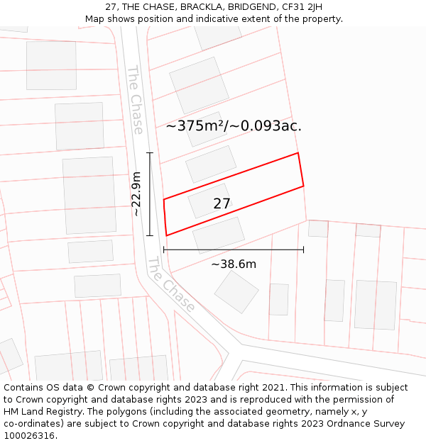 27, THE CHASE, BRACKLA, BRIDGEND, CF31 2JH: Plot and title map