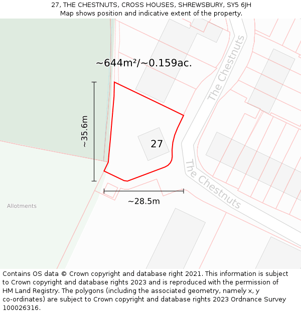27, THE CHESTNUTS, CROSS HOUSES, SHREWSBURY, SY5 6JH: Plot and title map