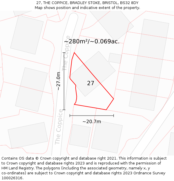 27, THE COPPICE, BRADLEY STOKE, BRISTOL, BS32 8DY: Plot and title map