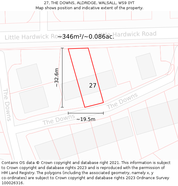 27, THE DOWNS, ALDRIDGE, WALSALL, WS9 0YT: Plot and title map