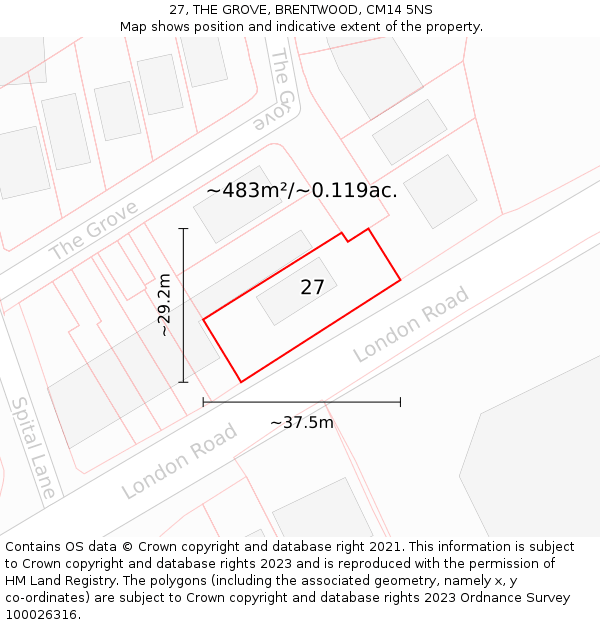 27, THE GROVE, BRENTWOOD, CM14 5NS: Plot and title map