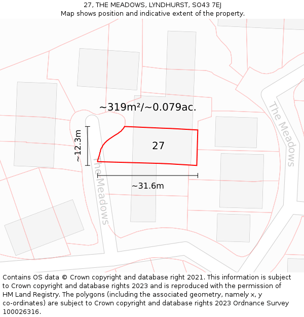27, THE MEADOWS, LYNDHURST, SO43 7EJ: Plot and title map