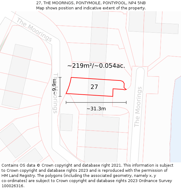 27, THE MOORINGS, PONTYMOILE, PONTYPOOL, NP4 5NB: Plot and title map