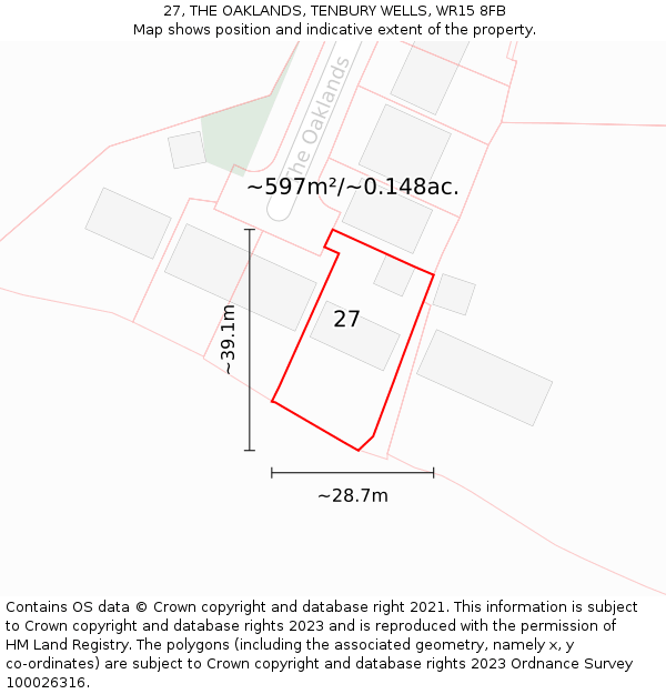 27, THE OAKLANDS, TENBURY WELLS, WR15 8FB: Plot and title map