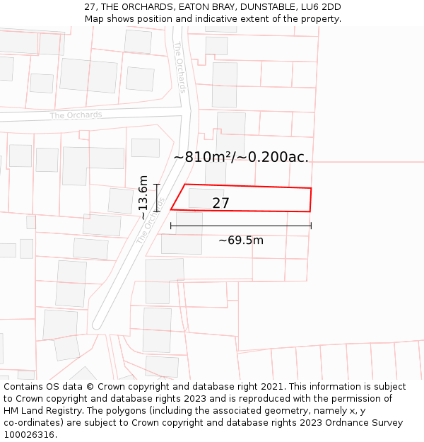 27, THE ORCHARDS, EATON BRAY, DUNSTABLE, LU6 2DD: Plot and title map
