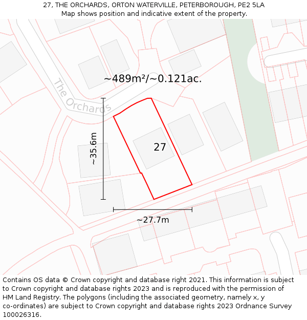 27, THE ORCHARDS, ORTON WATERVILLE, PETERBOROUGH, PE2 5LA: Plot and title map