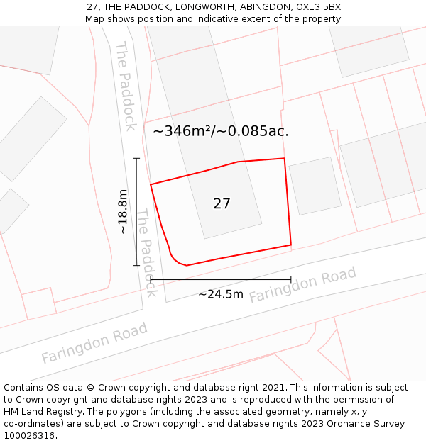 27, THE PADDOCK, LONGWORTH, ABINGDON, OX13 5BX: Plot and title map