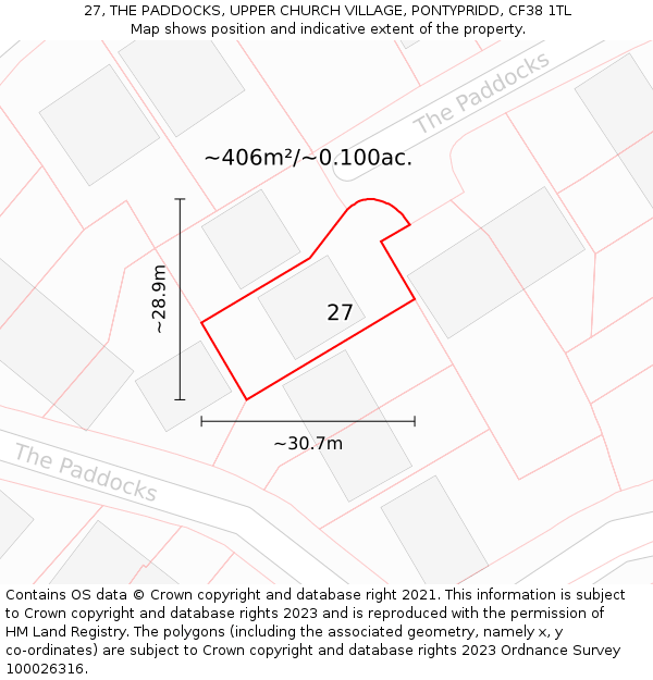 27, THE PADDOCKS, UPPER CHURCH VILLAGE, PONTYPRIDD, CF38 1TL: Plot and title map