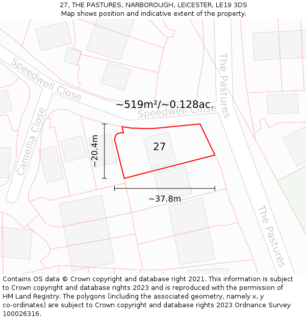 27, THE PASTURES, NARBOROUGH, LEICESTER, LE19 3DS: Plot and title map