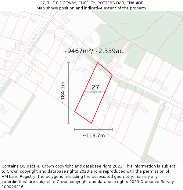 27, THE RIDGEWAY, CUFFLEY, POTTERS BAR, EN6 4BB: Plot and title map
