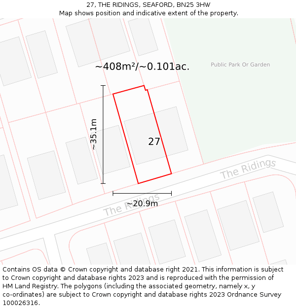 27, THE RIDINGS, SEAFORD, BN25 3HW: Plot and title map