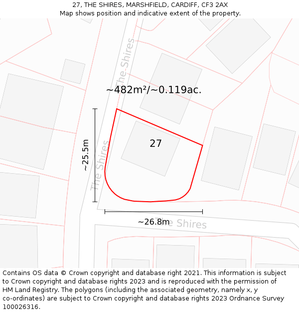 27, THE SHIRES, MARSHFIELD, CARDIFF, CF3 2AX: Plot and title map