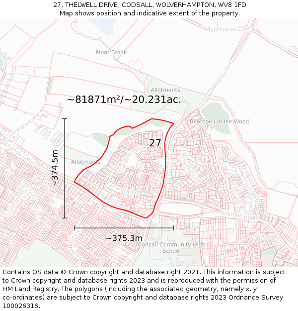 27, THELWELL DRIVE, CODSALL, WOLVERHAMPTON, WV8 1FD: Plot and title map