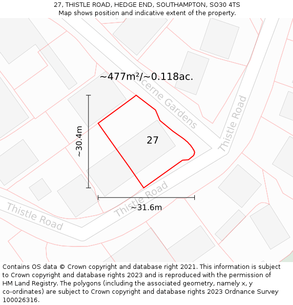 27, THISTLE ROAD, HEDGE END, SOUTHAMPTON, SO30 4TS: Plot and title map