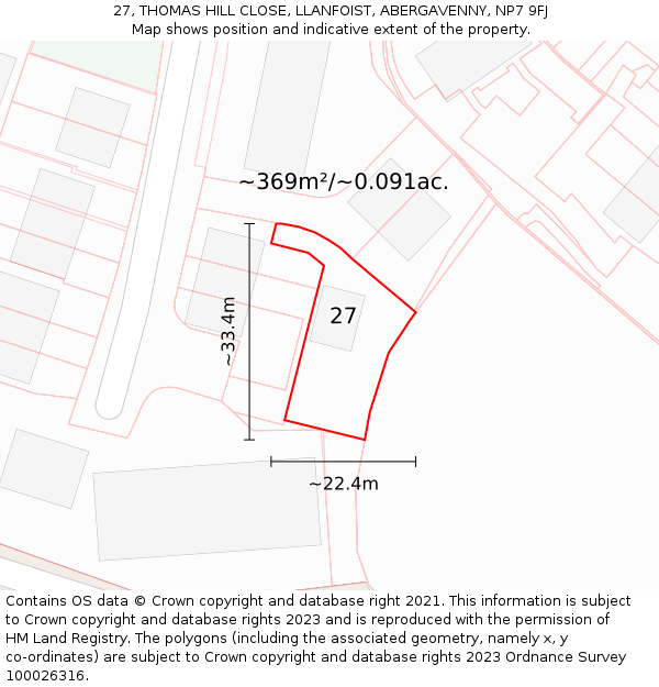 27, THOMAS HILL CLOSE, LLANFOIST, ABERGAVENNY, NP7 9FJ: Plot and title map