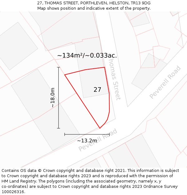 27, THOMAS STREET, PORTHLEVEN, HELSTON, TR13 9DG: Plot and title map
