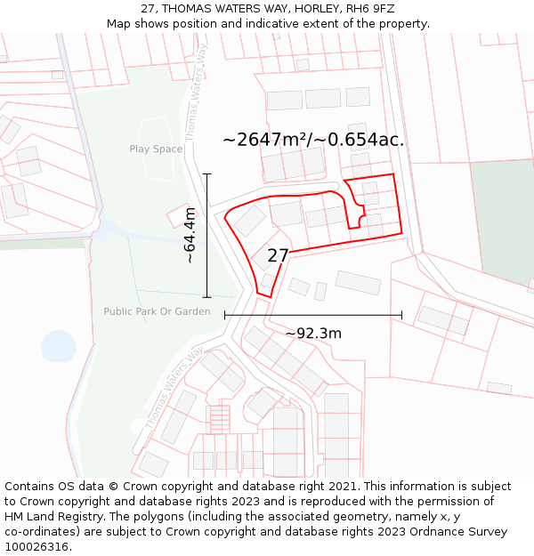 27, THOMAS WATERS WAY, HORLEY, RH6 9FZ: Plot and title map