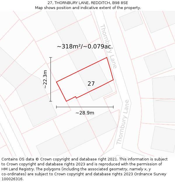 27, THORNBURY LANE, REDDITCH, B98 8SE: Plot and title map