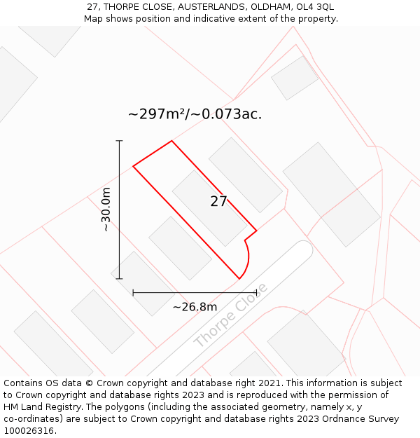 27, THORPE CLOSE, AUSTERLANDS, OLDHAM, OL4 3QL: Plot and title map