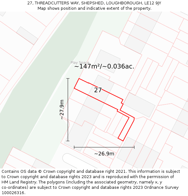 27, THREADCUTTERS WAY, SHEPSHED, LOUGHBOROUGH, LE12 9JY: Plot and title map