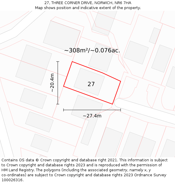 27, THREE CORNER DRIVE, NORWICH, NR6 7HA: Plot and title map