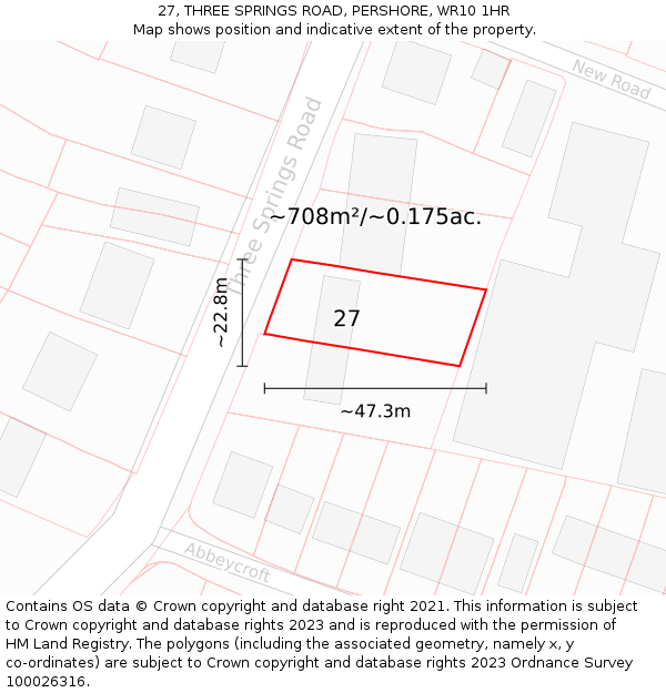 27, THREE SPRINGS ROAD, PERSHORE, WR10 1HR: Plot and title map