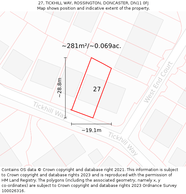 27, TICKHILL WAY, ROSSINGTON, DONCASTER, DN11 0FJ: Plot and title map