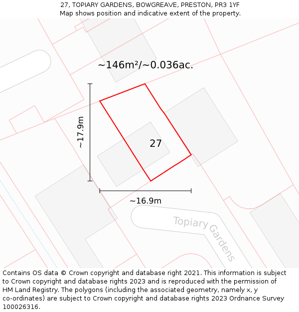 27, TOPIARY GARDENS, BOWGREAVE, PRESTON, PR3 1YF: Plot and title map
