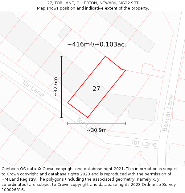 27, TOR LANE, OLLERTON, NEWARK, NG22 9BT: Plot and title map