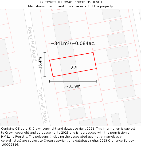 27, TOWER HILL ROAD, CORBY, NN18 0TH: Plot and title map