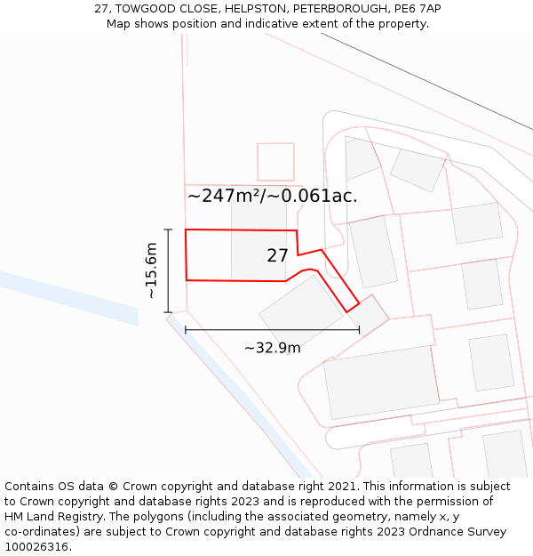 27, TOWGOOD CLOSE, HELPSTON, PETERBOROUGH, PE6 7AP: Plot and title map