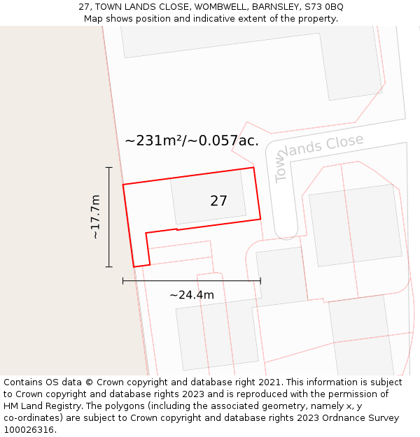 27, TOWN LANDS CLOSE, WOMBWELL, BARNSLEY, S73 0BQ: Plot and title map