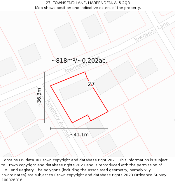 27, TOWNSEND LANE, HARPENDEN, AL5 2QR: Plot and title map