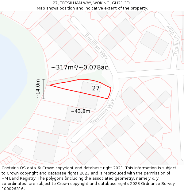 27, TRESILLIAN WAY, WOKING, GU21 3DL: Plot and title map