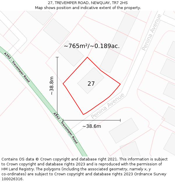 27, TREVEMPER ROAD, NEWQUAY, TR7 2HS: Plot and title map