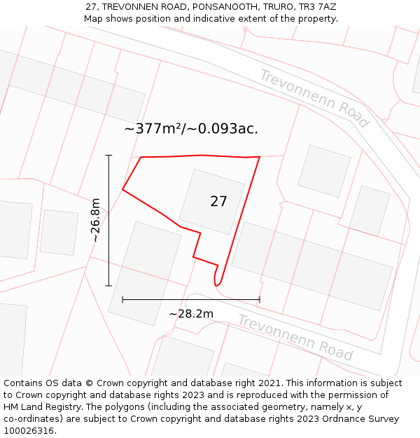 27, TREVONNEN ROAD, PONSANOOTH, TRURO, TR3 7AZ: Plot and title map