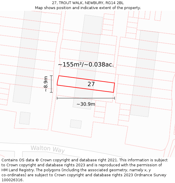 27, TROUT WALK, NEWBURY, RG14 2BL: Plot and title map