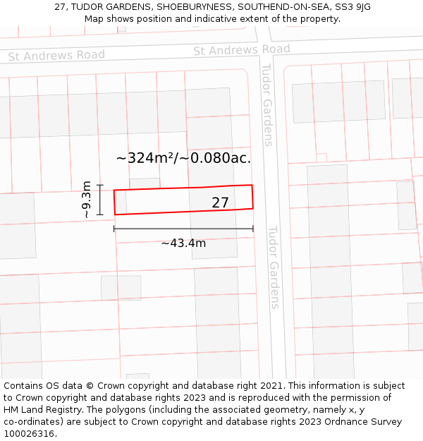 27, TUDOR GARDENS, SHOEBURYNESS, SOUTHEND-ON-SEA, SS3 9JG: Plot and title map