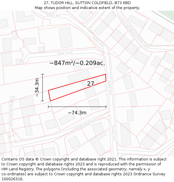 27, TUDOR HILL, SUTTON COLDFIELD, B73 6BD: Plot and title map
