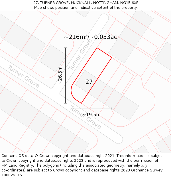 27, TURNER GROVE, HUCKNALL, NOTTINGHAM, NG15 6XE: Plot and title map