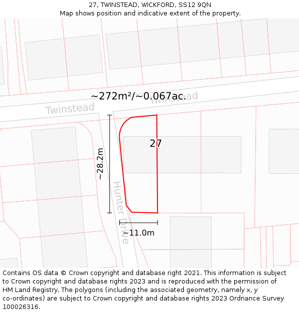 27, TWINSTEAD, WICKFORD, SS12 9QN: Plot and title map
