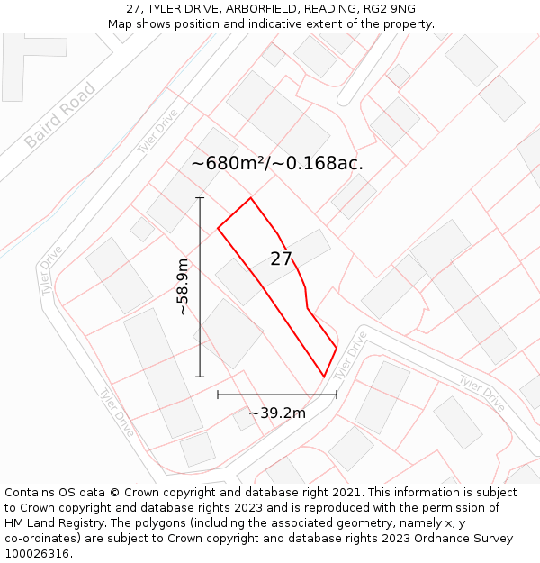 27, TYLER DRIVE, ARBORFIELD, READING, RG2 9NG: Plot and title map