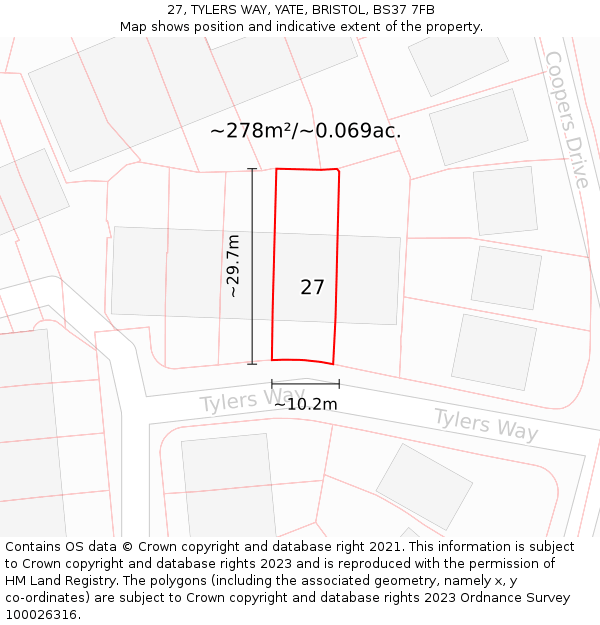 27, TYLERS WAY, YATE, BRISTOL, BS37 7FB: Plot and title map