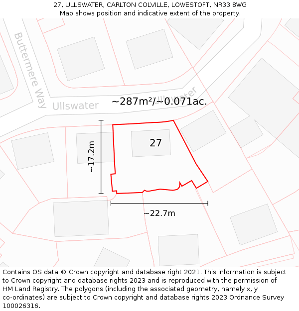 27, ULLSWATER, CARLTON COLVILLE, LOWESTOFT, NR33 8WG: Plot and title map