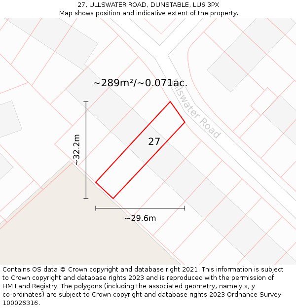 27, ULLSWATER ROAD, DUNSTABLE, LU6 3PX: Plot and title map