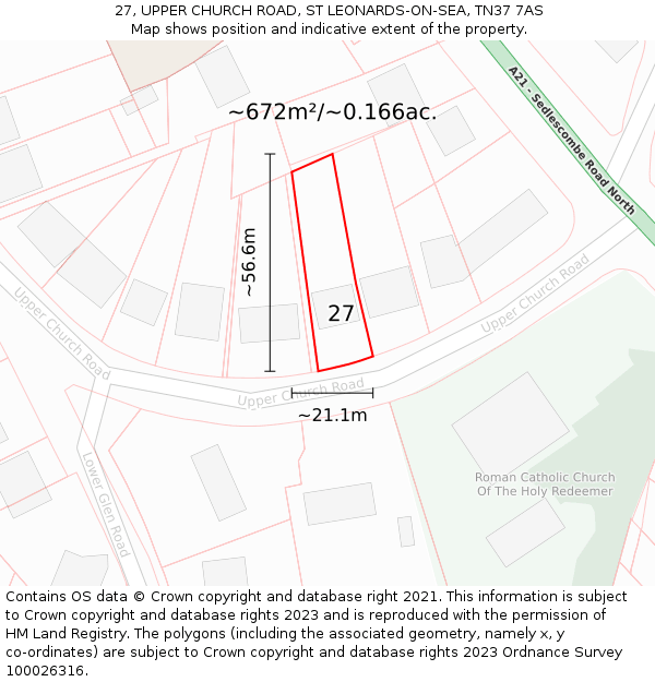 27, UPPER CHURCH ROAD, ST LEONARDS-ON-SEA, TN37 7AS: Plot and title map