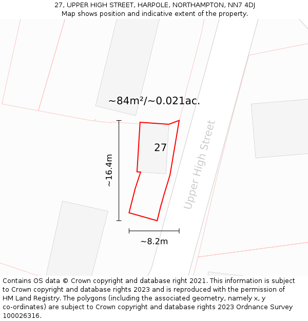 27, UPPER HIGH STREET, HARPOLE, NORTHAMPTON, NN7 4DJ: Plot and title map