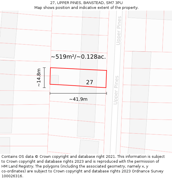 27, UPPER PINES, BANSTEAD, SM7 3PU: Plot and title map